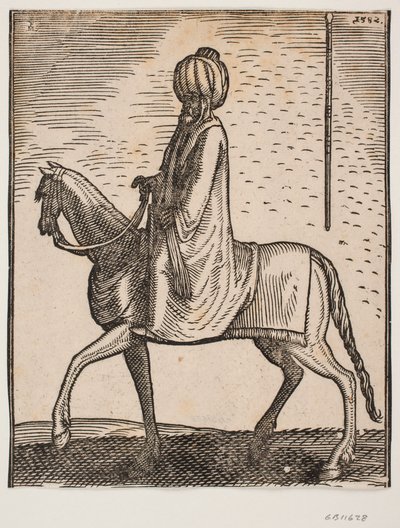 Ongewapende ruiter met tulband, profiel naar links; in het bovenste rechterdeel van de afbeelding een aparte schets van een stok door Melchior Lorck
