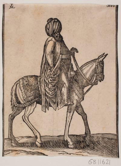 Ongewapende goed doorvoede oudere ruiter met een tulband op zijn hoofd, profiel naar rechts door Melchior Lorck