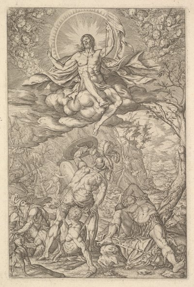 Opstanding van Christus, omgeven door een aureool en wolken met rijen gevleugelde putti, 1577 door Melchior Meier