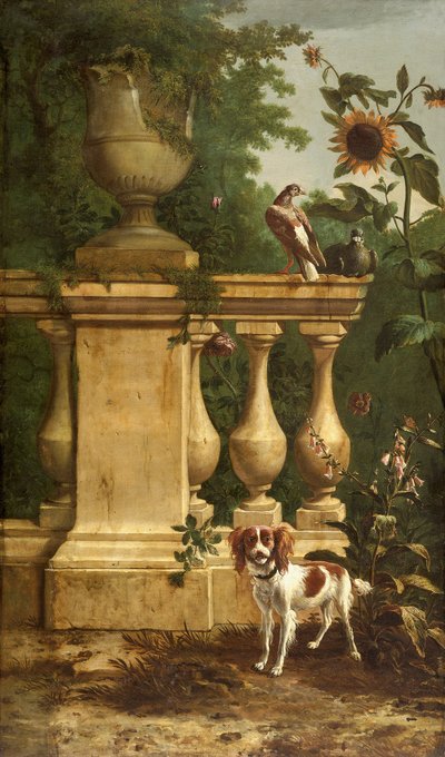 Duiven en een hond in een tuin, ca. 1660-1690 door Melchior d