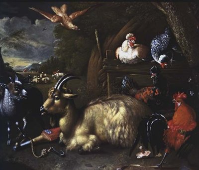 Geit met andere dieren en vogels in een landschap door Melchior de (school of) Hondecoeter