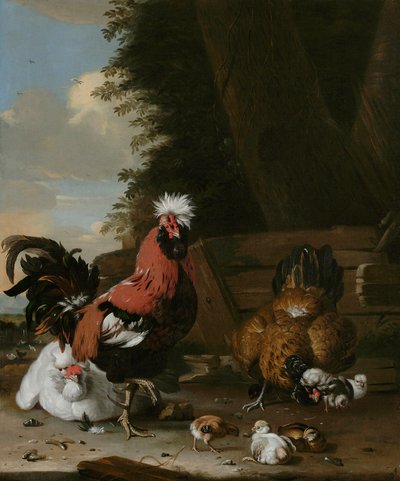 Een Bantam Haan met Hennen en Kuikens in een Boerderij door Melchior de Hondecoeter