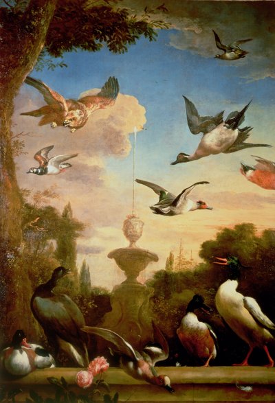 Een Wilde Eend en een Steenarend in een Klassiek Tuinlandschap door Melchior de Hondecoeter