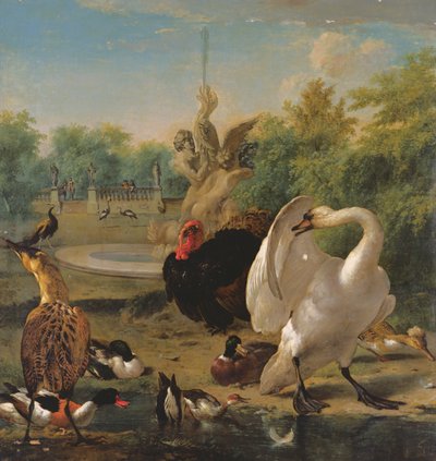 Een park met zwaan en andere vogels door Melchior de Hondecoeter