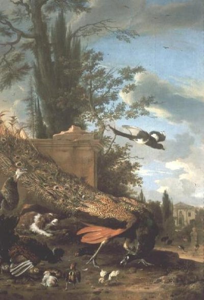 Een Pauw en een Spaniël in de Tuin van een Villa door Melchior de Hondecoeter