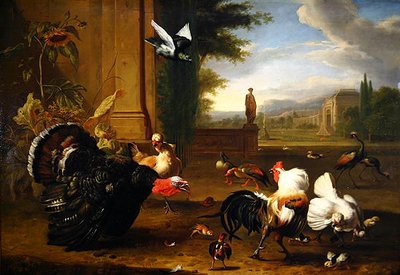Een Kalkoen, Haan en andere exotische vogels in een park door Melchior de Hondecoeter