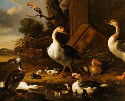 Chinese en Egyptische Ganzen en andere vogels in een Landschap met Ruïnes in de buurt door Melchior de Hondecoeter