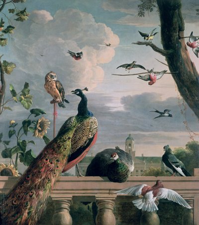 Paleis van Amsterdam met exotische vogels door Melchior de Hondecoeter