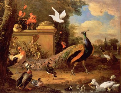 Pauwen en andere vogels bij een meer door Melchior de Hondecoeter
