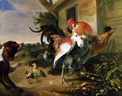 Gevogelte en Spaniel in een Boerenhof door Melchior de Hondecoeter