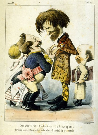 Cartoon over Giuseppe Verdi en Napoleon III na de opera Don Carlos in Parijs in 1867. Karikatuur door Melchiorre Delfico. Privécollectie Milaan door Melchiorre Delfico