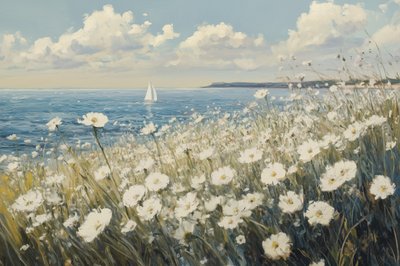 Witte bloemen, zeilboot, kust door Melloi Art Prints