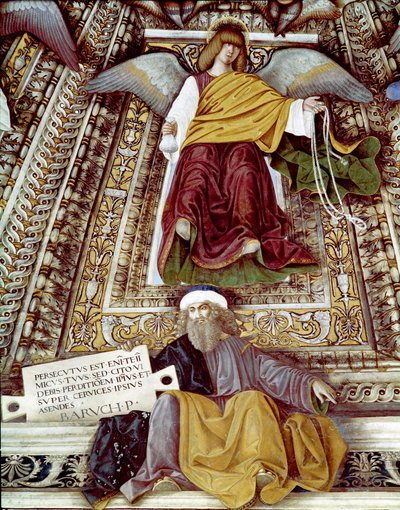 Voorstelling van Baruch (Baruch ben Neria), leerling van Jeremia en een engel. Fresco door Melozzo da Forli (Melozzo degli Ambrosi) (1438-1494) Koepel van de sacristie van Sint Marcus (Marco), heiligdom van de Santa Casa, Loreto door Melozzo da Forli