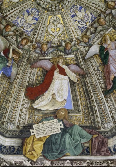De profeet Jeremia en een engel, koepel van de sacristie van Sint Marcus, Santuario della Santa Casa, Loreto, ca. 1477-93 (fresco) door Melozzo da Forli