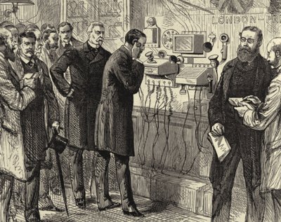 Opening van de Anglo-Engelse telefoonlijn. Het eerste telefoongesprek van Londen naar Parijs in het General Post Office, Londen. Bell-instrumenten werden gebruikt aan de Londense kant. Houtsnede Parijs 28 maart 1891. Gravure. door Melton (after) Prior