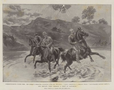Correspondenten onder vuur, de vijandelijke granaat barst boven Mr Nevinson (Daily Chronicle), Melton Prior (Illustrated London News) en dienaar, bij het oversteken van een drift bij Ladysmith door Melton Prior