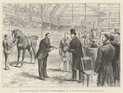 De Londense Paardenshow, de Prins van Wales overhandigt de Beker aan Mr Moore voor zijn Hackney Paard Rufus door Melton Prior