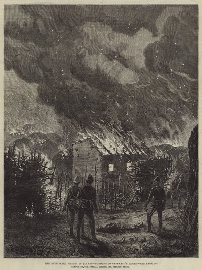 De Zoeloe-oorlog, Ulundi in vlammen, het huis van Cetewayo brandt door Melton Prior