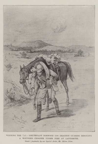 Het winnen van het VC, luitenant Norwood (5th Dragoon Guards) redt een gewonde soldaat onder vuur bij Ladysmith door Melton Prior