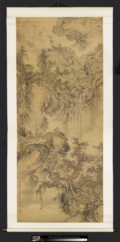 Landschap met figuren, bijen en apen door Meng Lan