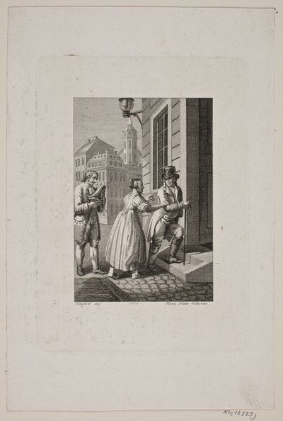 Illustratie met vrouw die een heer bij een poort tegenhoudt terwijl een dienaar toekijkt door Meno Haas