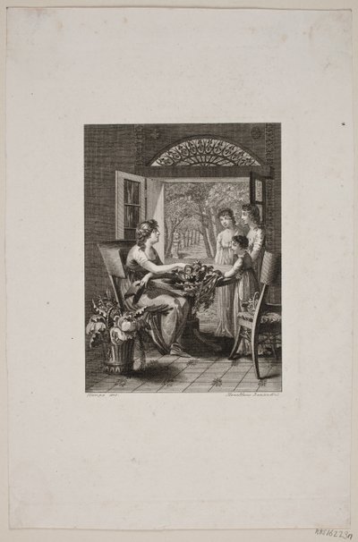 Illustratie met vrouwen aan een tafel in een tuinkamer door Meno Haas