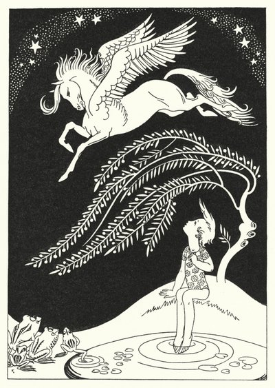 Pegasus kwam naar beneden, in wijde cirkels (kleur litho) door Merlyn Mann
