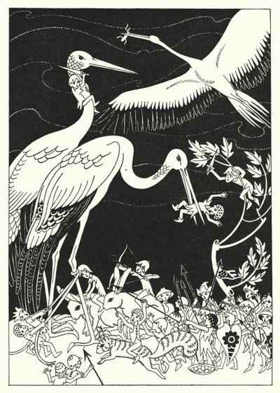 Sommige van de Pygmeeën kruiselings in hun Snavels (kleur litho) door Merlyn Mann
