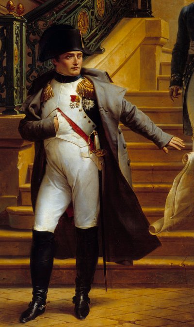 Keizer Napoleon I (1769-1821) bezoekt het Palais-Royal, zetel van het Tribunaat, en weigert de plannen van architecten Beaumont en Fontaine op 5/08/1807 (detail) door Merry Joseph Blondel