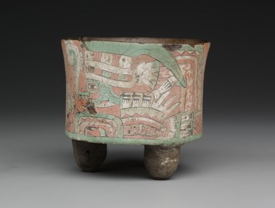 Cilindrisch driepootvat met twee figuren met bril, ca. 400-650 n.Chr. door Mesoamerican Mesoamerican