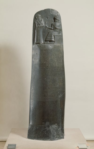 Code van Hammurabi: de god Shamash dicteert zijn wetten aan Hammurabi, koning van Babylon, gevonden in Susa, Iran, ca. 1750 v.Chr. door Mesopotamian