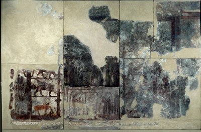 Mesopotamië: paleis van Zimrilim, schilderij van de investituur: voorstelling van een gevleugelde stier, sfinx, griffioen. Losgemaakte fresco uit het bewind van Zimri-Lim (ca. 1782-1759 v.Chr.) Uit Mari. Parijs, Louvre Museum. door Mesopotamian