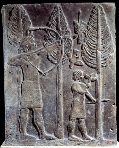 Vogeljachtscène. Laag reliëf in albast uit het paleis van Sargon II of Sharroukin, koning van Assyrië in Khorsabad (Khunsabad) (Mesopotamië), Irak. 722-705 v.Chr. Parijs. Louvre Museum door Mesopotamian Mesopotamian
