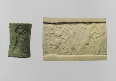 Cilinderzegel van gevecht met moderne indruk ca. 2250-2150 v.Chr. (albiet) door Mesopotamian Mesopotamian