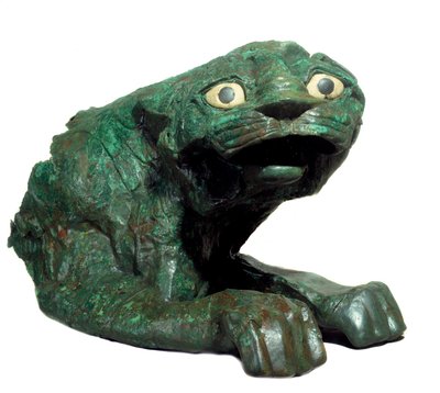 Mesopotamië: bronzen beeld en leeuw van kalksteen, bewaker van de tempel van Dagan, grote god van de Midden-Eufraat regio. Mari
