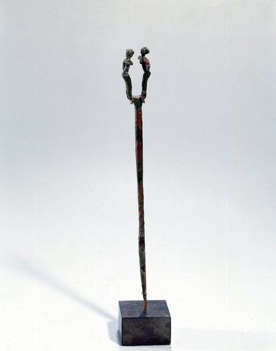 Oosterse kunst: pin een hoofd versierd met twee figuren. Bronzen object, circa 3300 - 3200 v.Chr. (Uruk periode, Mesopotamië). Uit Tello door Mesopotamian Mesopotamian
