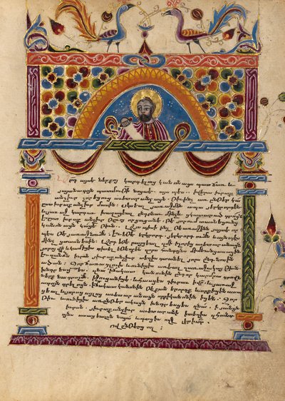 Versierde tekstpagina met halve figuur van Carpianus door Mesrop of Khizan