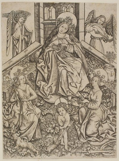 Maria met het kindje Jezus, de Heilige Margaretha en de Heilige Catharina door Mester ES