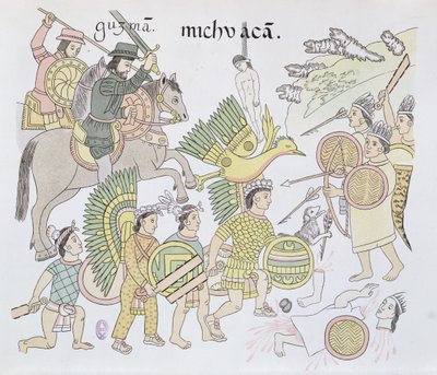 Slag bij Michoacan tussen de Spanjaarden en de Azteken, illustratie uit een facsimile van een Mexicaanse Indiaanse geschiedenistekening Lienzo de Tlaxcala, ca. 1550, 1892 door Mexican School