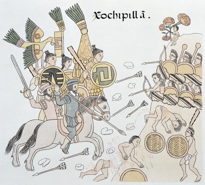 Slag bij Xochipilla tussen de Spanjaarden en de Azteken, illustratie uit een facsimile van een Mexicaanse Indiaanse geschiedenisschildering Lienzo de Tlaxcala, ca. 1550, 1892 door Mexican School