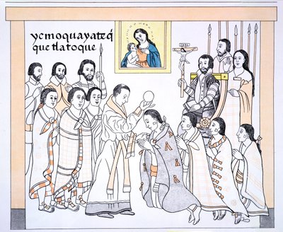 Caciques ontvangen communie van een priester in het huis van Hernando Cortes, illustratie uit een facsimile van een Mexicaanse Indiaanse geschiedenisschildering Lienzo de Tlaxcala, ca. 1550, 1892 door Mexican School