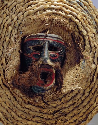 Kostuummasker voor de viering van het Mexicaanse jaarlijkse festival van Guelaguetza (hout & gevlochten stro) door Mexican School