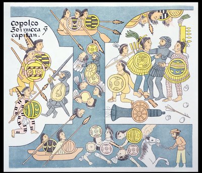 Laatste slag tussen Hernando Cortes en Cuauhtemoc in Tenochtitlan, augustus 1521, illustratie uit een facsimile van een Mexicaanse Indiaanse geschiedenisschildering Lienzo de Tlaxcala, ca. 1550, 1892 door Mexican School