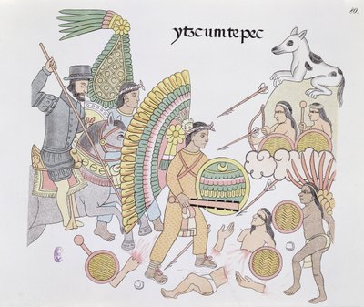 Hernando Cortes, onder belegering in Tenochtitlan, besluit de stad te verlaten, illustratie uit een facsimile van een Mexicaanse Indiaanse geschiedenisschildering Lienzo de Tlaxcala, ca. 1550, 1892 door Mexican School
