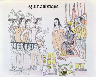 La Malinche (Dona Marina) als tolk tijdens de presentatie van vrouwen en goud door Montezuma aan Hernando Cortes, illustratie uit een facsimile van een Mexicaanse Indiaanse geschiedenisschildering door Mexican School
