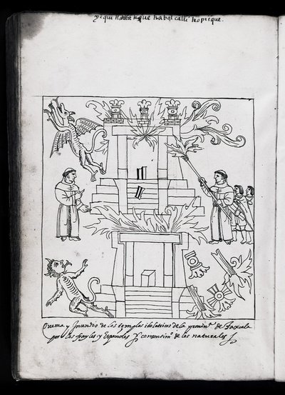 MS Hunter 242 f.240v De Verbranding van de Tempels, Tlaxcala, illustratie uit 