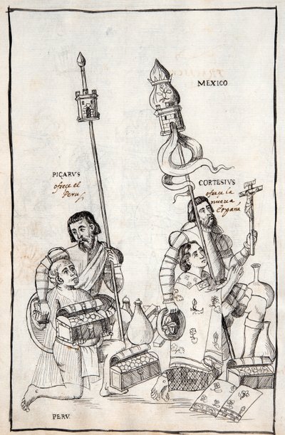 Picarus (Pizarro) presenteert Peru en Cortesius (Cortes) Nueva Espana, illustratie uit Historia de Tlaxcala door Diego Munoz Camargo door Mexican School