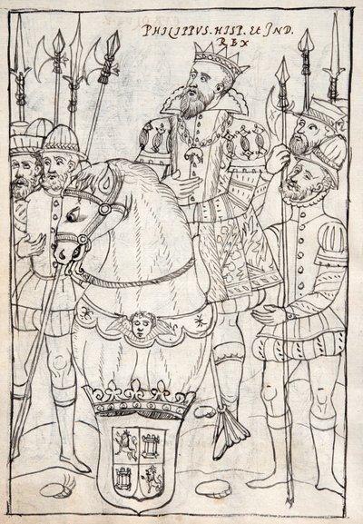 Philip II zittend te paard, dragend de orde van het Gulden Vlies, omringd door soldaten, illustratie uit Historia de Tlaxcala door Diego Munoz Camargo door Mexican School