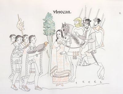 Ontmoeting van Hernando Cortes en de Azteken, illustratie uit een facsimile van een Mexicaanse Indiaanse geschiedenisschildering Lienzo de Tlaxcala, ca. 1550, 1892 door Mexican School