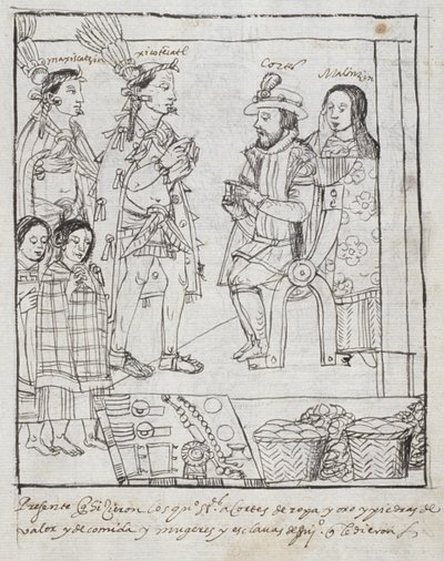 Montezuma ontmoet Cortez, uit Historia de Tlaxcala door Diego Munoz Camargo door Mexican School